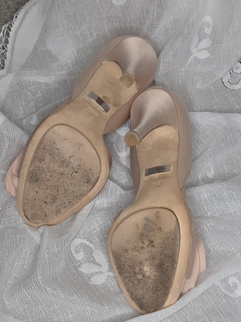 Badgley Mischka Blush Pink Satin Peep-Toe Heels with Floral Accent - Picture 2 of 4